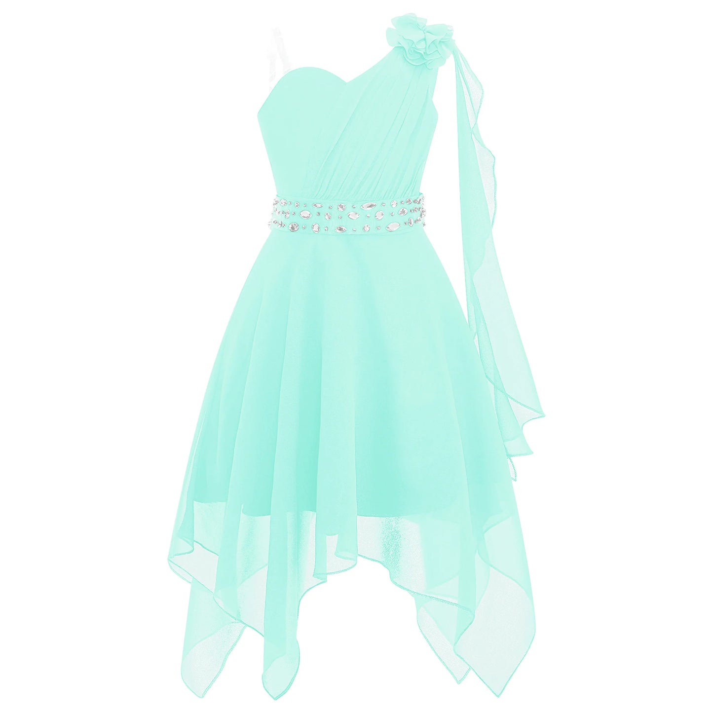 Girl clothing - Chiffon Flower Dress – Elegant One-Shoulder Party Gown with Rhinestone Sash