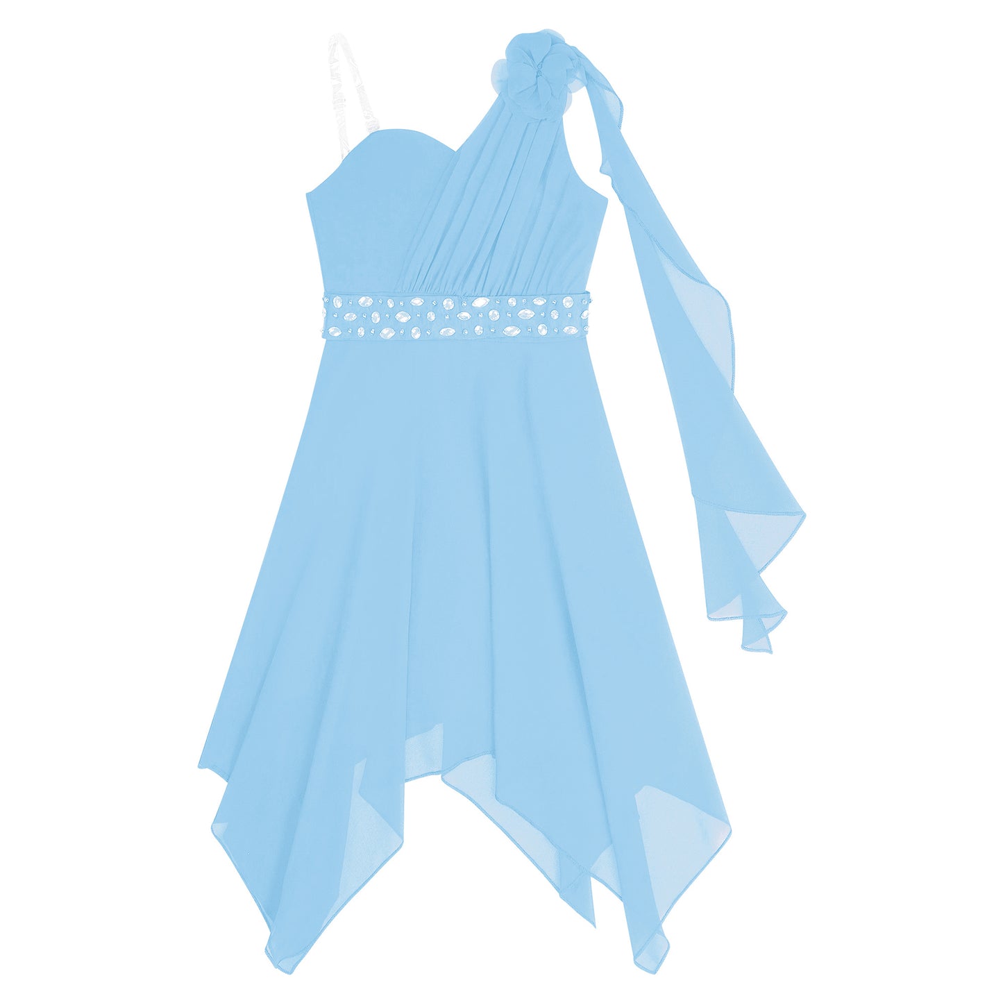Girl clothing - Chiffon Flower Dress – Elegant One-Shoulder Party Gown with Rhinestone Sash