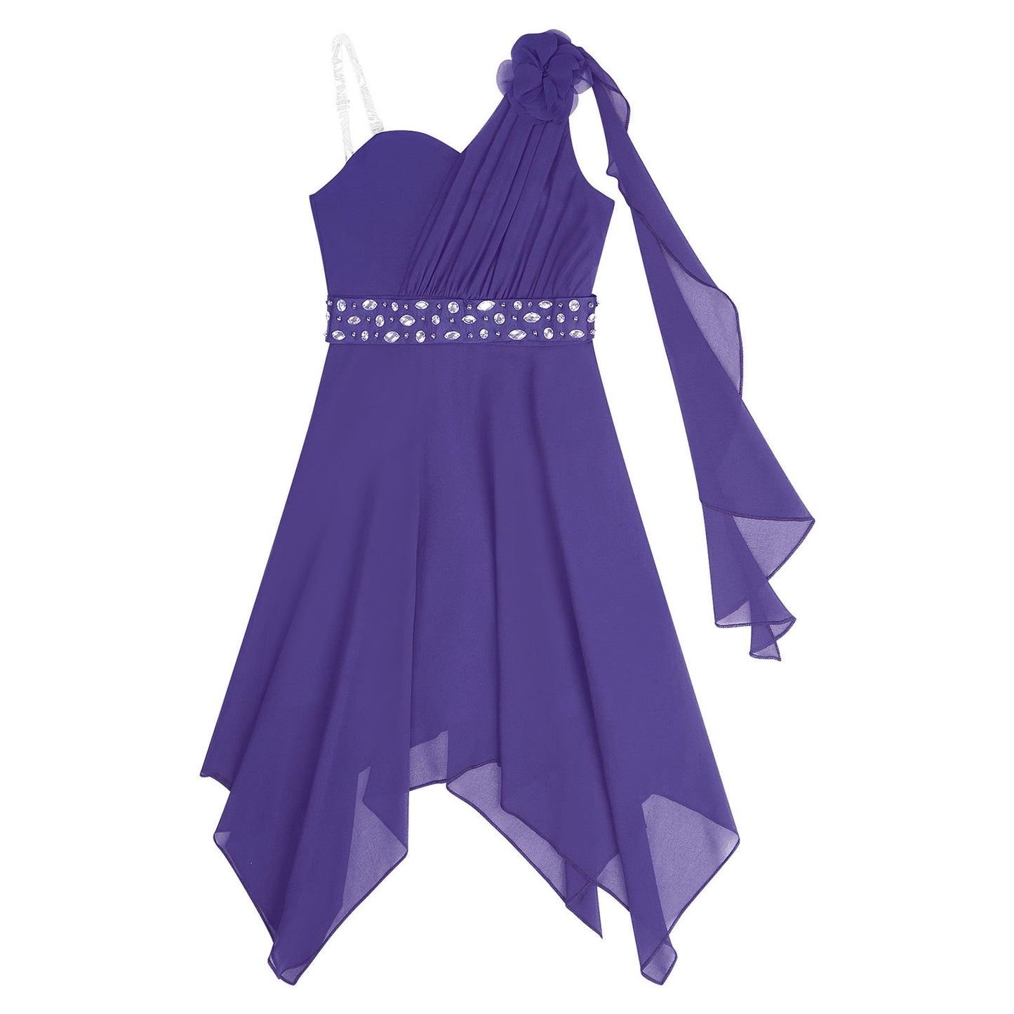 Girl clothing - Chiffon Flower Dress – Elegant One-Shoulder Party Gown with Rhinestone Sash