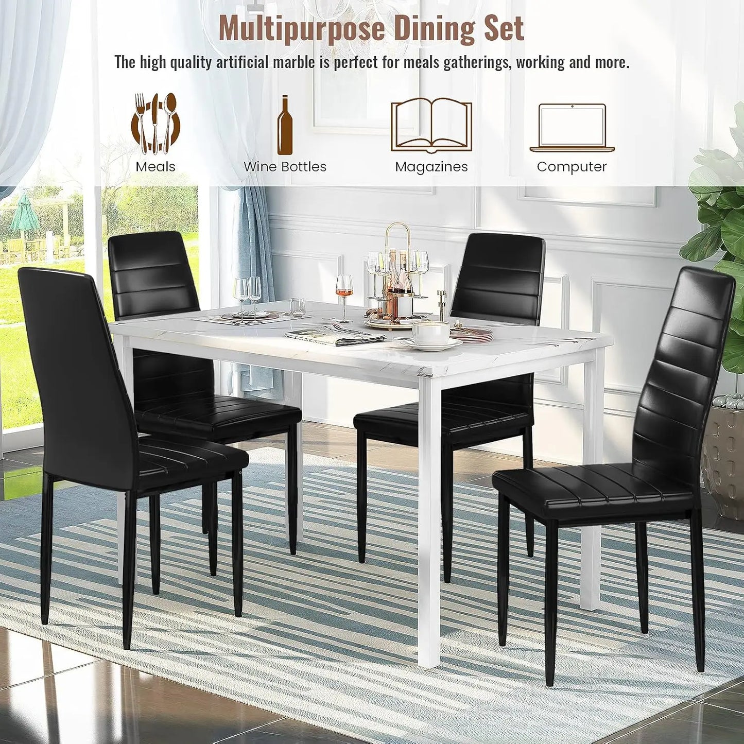 XMSJ 5-Piece Dining Table Set – Marble-Style Top with 4 PU Leather Chairs Living Room Decor – Wall Art, Curtains, Clocks, Furniture & More\