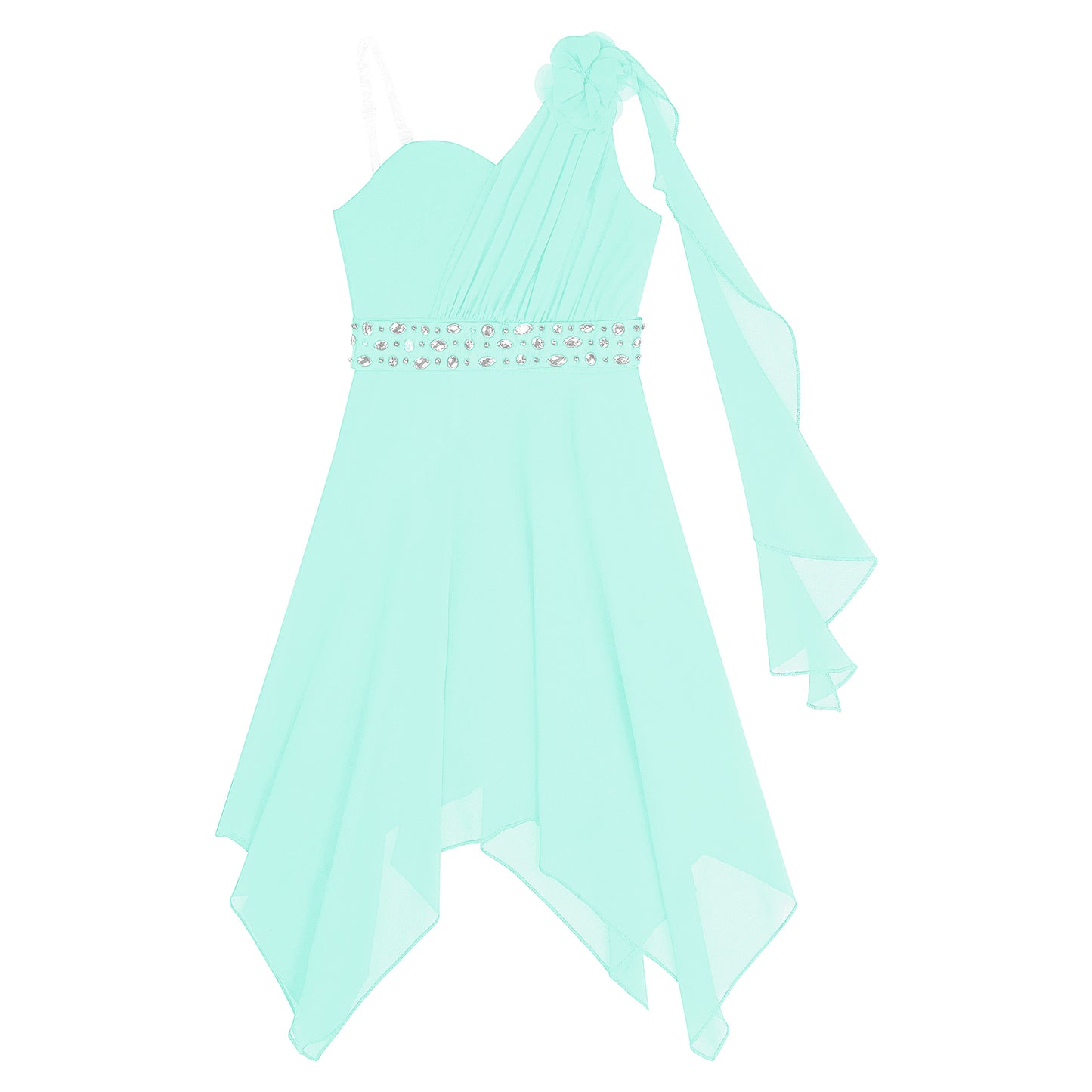 Girl clothing - Chiffon Flower Dress – Elegant One-Shoulder Party Gown with Rhinestone Sash