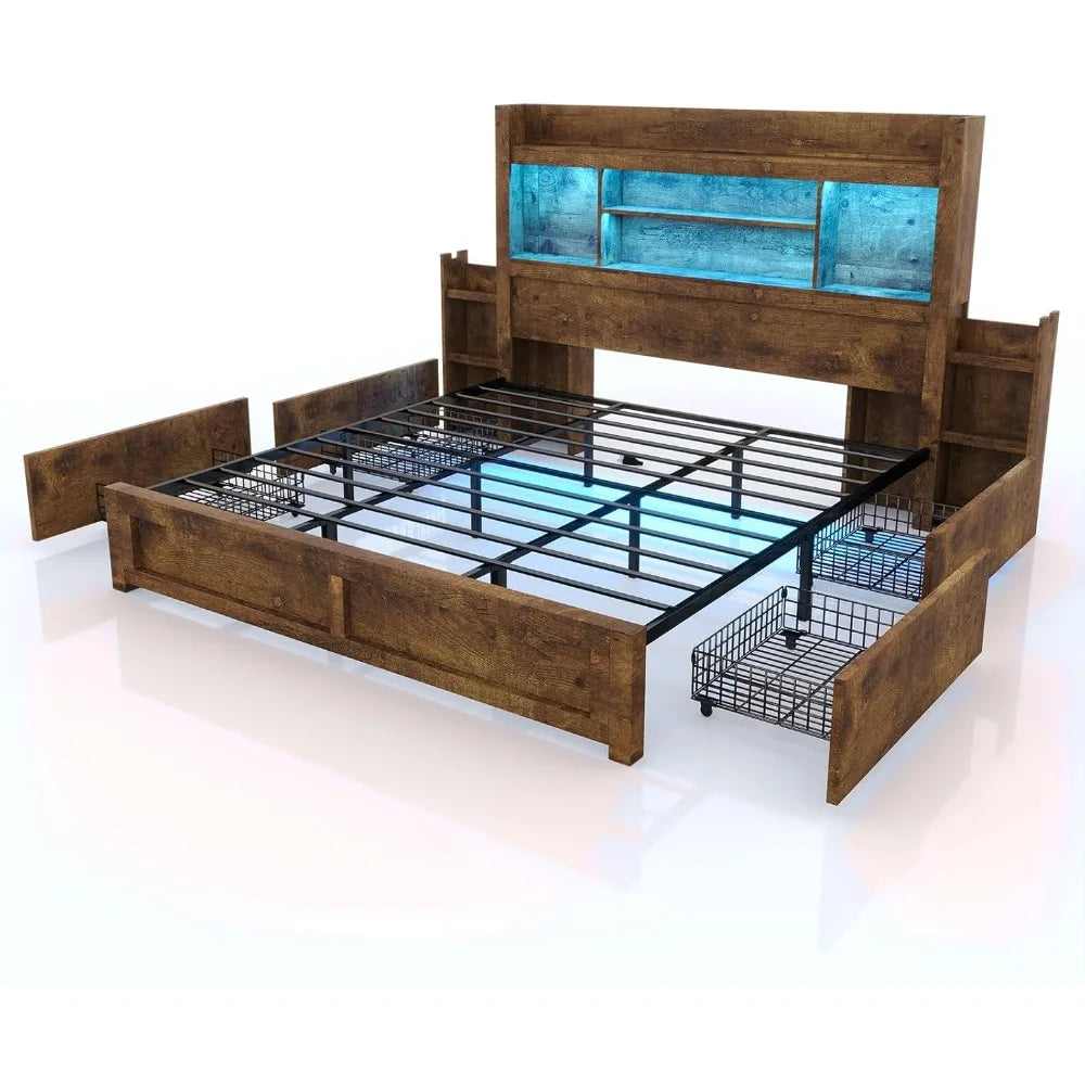 MKDK Smart Storage Bed Frame – Wood Grain Finish with Drawers, Headboard Charging & RGB LED Living Room Decor – Wall Art, Curtains, Clocks, Furniture & More\