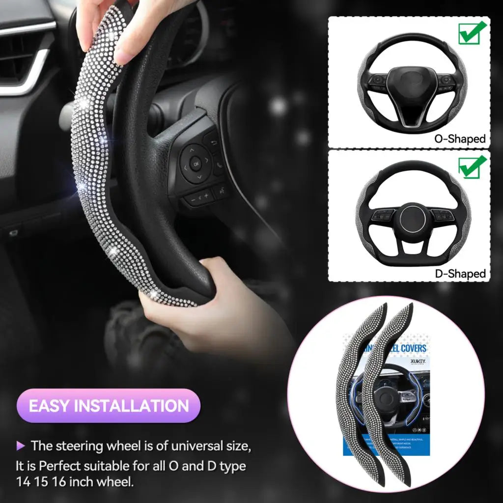 2Pcs Rhinestone Steering Wheel Cover Set – Anti-Slip, Universal Fit (36–41cm)/Car