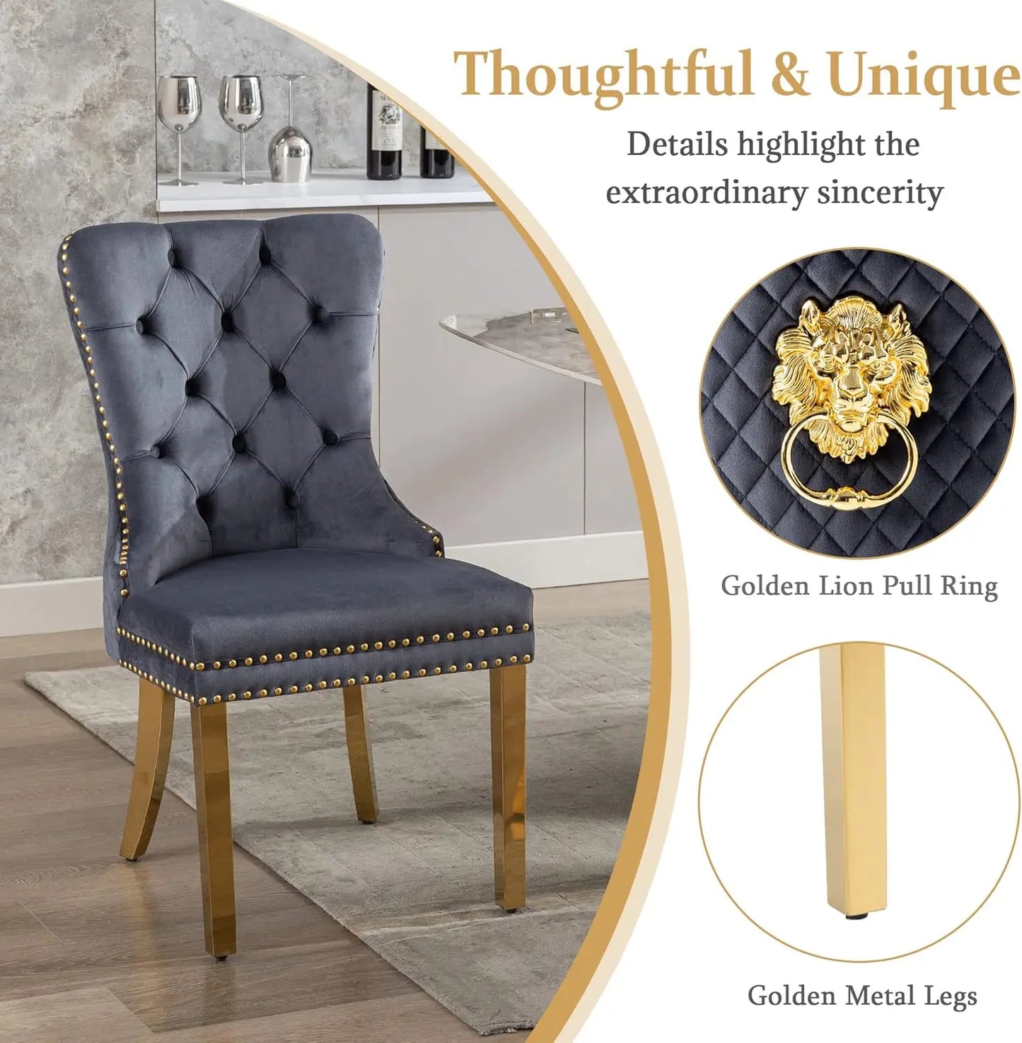 Luxury Velvet Dining Chairs (Set of 2) – High Back with Nailhead Trim & Lion Head Ring Pull\ Living Room Decor – Wall Art, Curtains, Clocks, Furniture & More