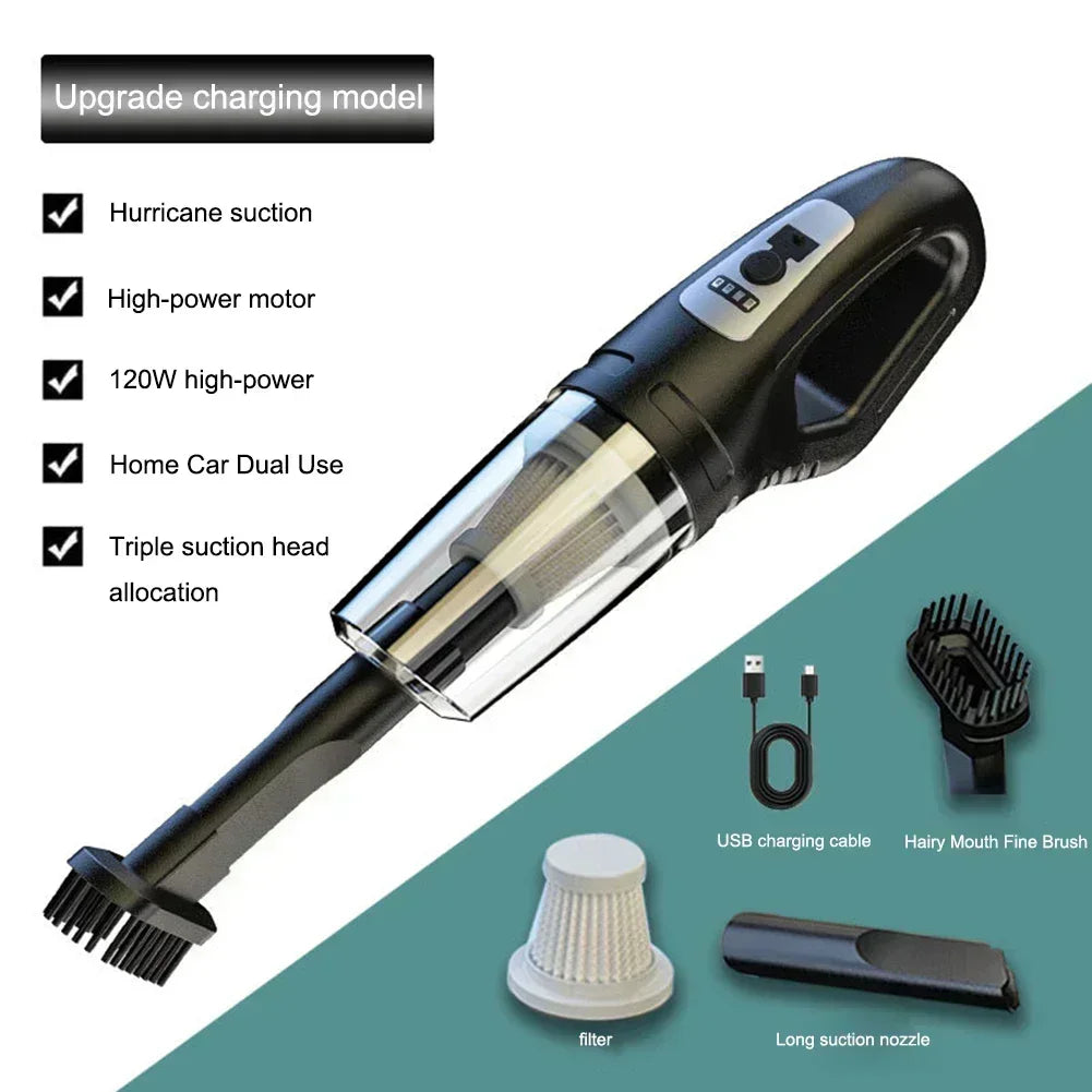 ZHIYU 120W Cordless Car Vacuum Cleaner – USB Rechargeable with Multiple Nozzles/Car