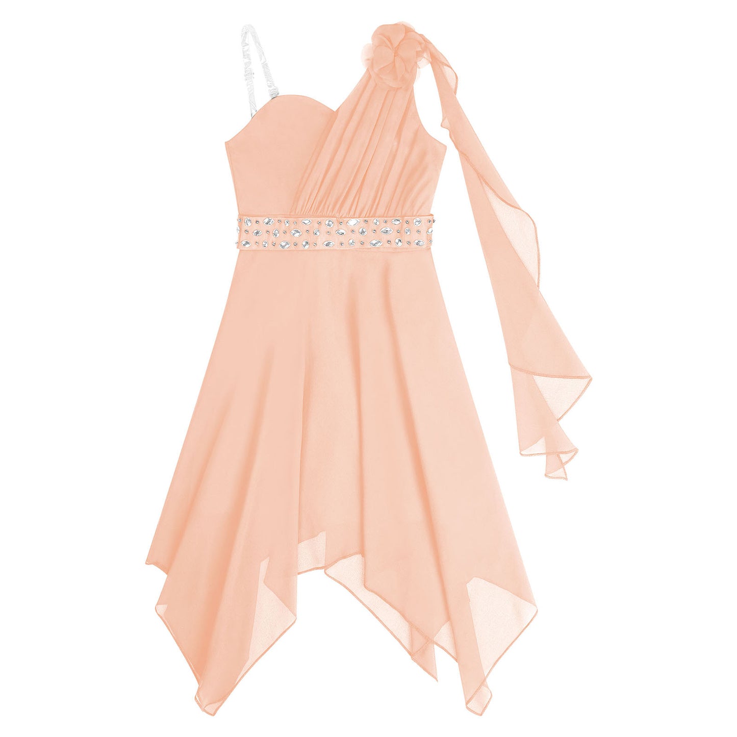Girl clothing - Chiffon Flower Dress – Elegant One-Shoulder Party Gown with Rhinestone Sash