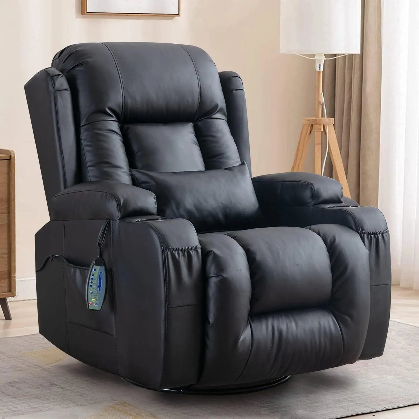 Modern Massage Recliner Chair – Swivel Rocker with Heat & Vibration (Leather, Black) Living Room Decor – Wall Art, Curtains, Clocks, Furniture & More\