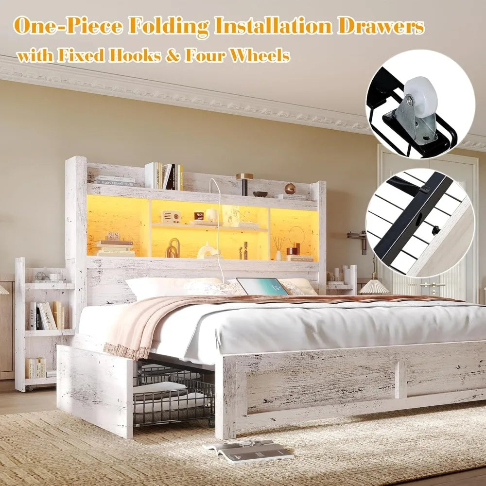 MKDK Smart Storage Bed Frame – Wood Grain Finish with Drawers, Headboard Charging & RGB LED Living Room Decor – Wall Art, Curtains, Clocks, Furniture & More\