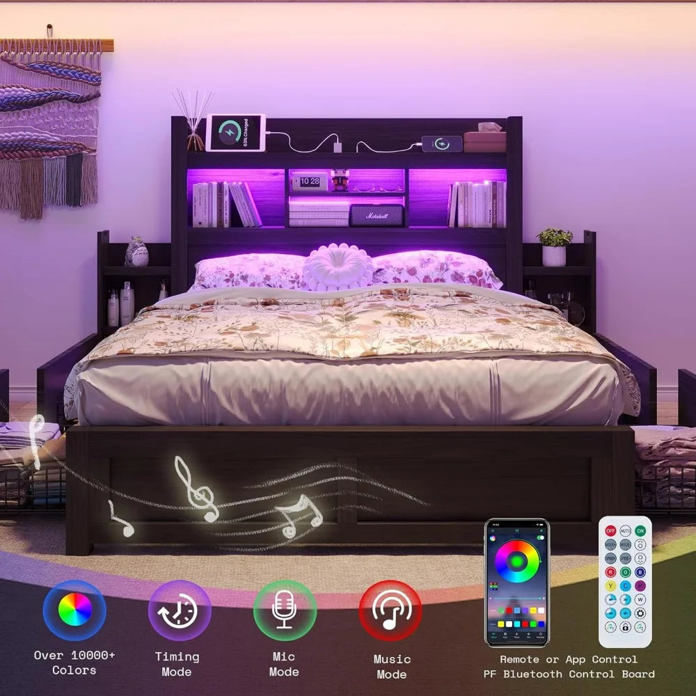 MKDK Smart Storage Bed Frame – Wood Grain Finish with Drawers, Headboard Charging & RGB LED Living Room Decor – Wall Art, Curtains, Clocks, Furniture & More\