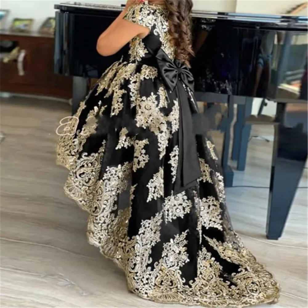 Girl clothing - Girls Princess Lace Dress – Gold Embroidered Ball Gown for Special Occasions