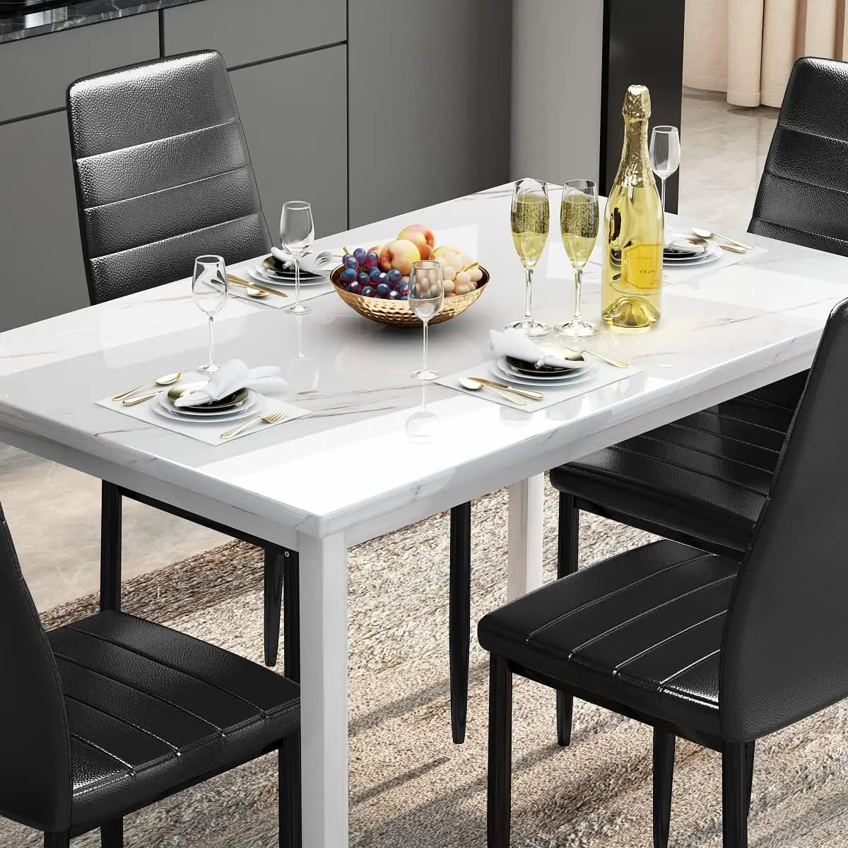 XMSJ 5-Piece Dining Table Set – Marble-Style Top with 4 PU Leather Chairs Living Room Decor – Wall Art, Curtains, Clocks, Furniture & More\