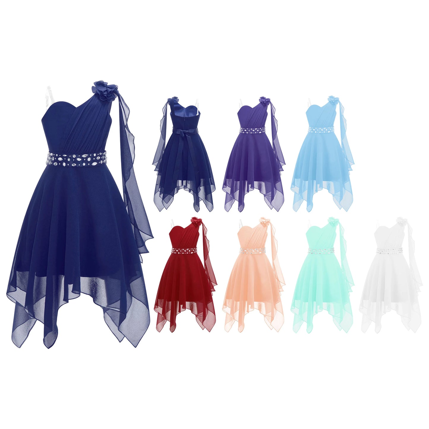 Girl clothing - Chiffon Flower Dress – Elegant One-Shoulder Party Gown with Rhinestone Sash