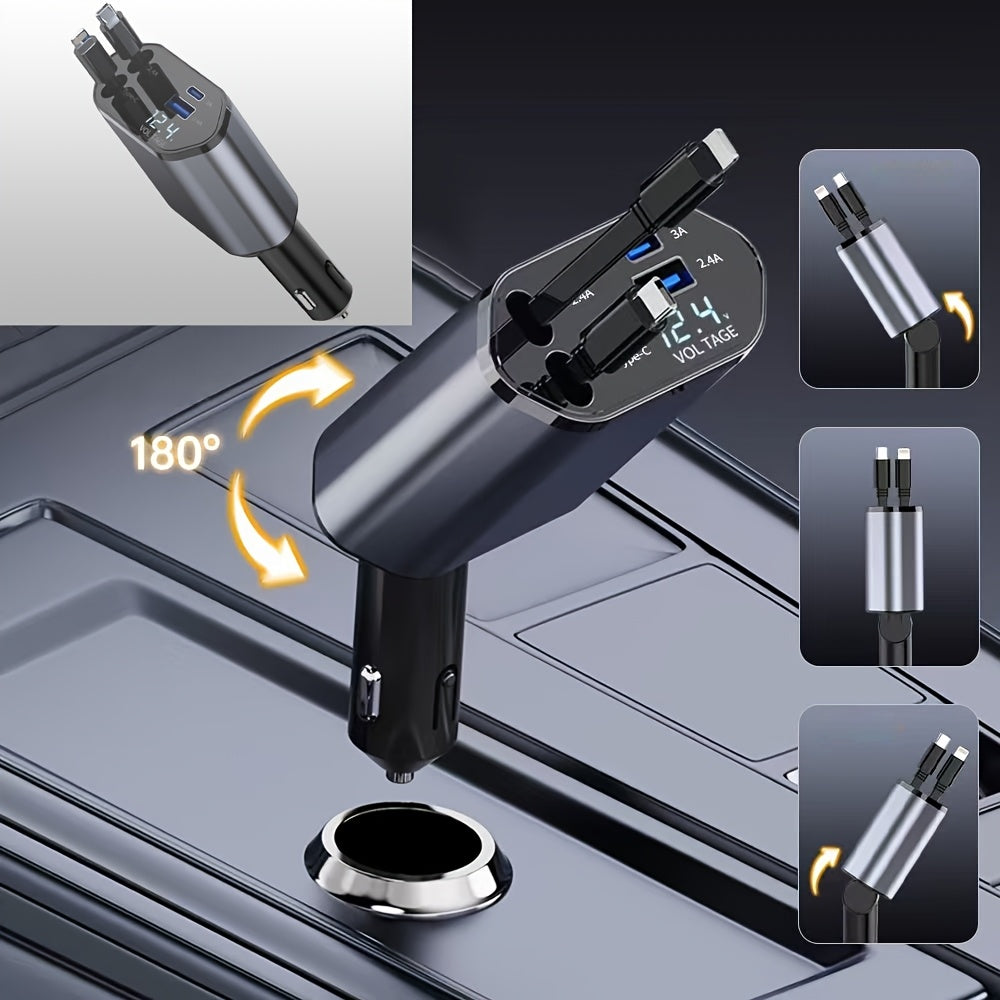 4-in-1 Retractable Car Charger – 120W Fast Charging with USB-C, Lightning, & Adjustable Head (36V Max)/Car