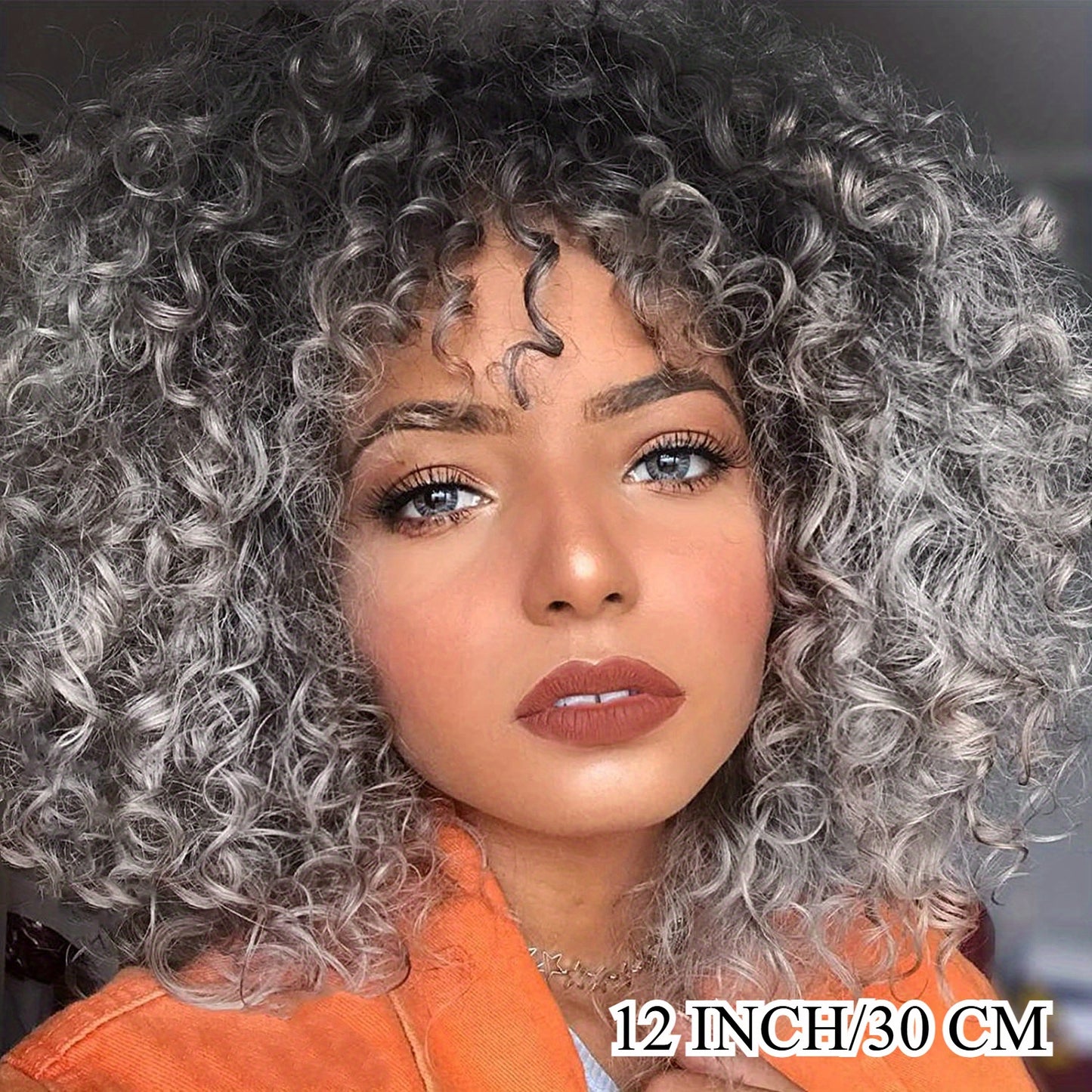 Elegant Afro Kinky Curly Gray Wig with Bangs – Breathable Rose Net Cap/Crown & Glory Wigs