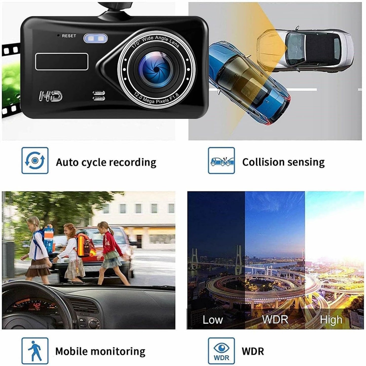 1080P Full HD Touchscreen Dash Cam – Front & Rear Cameras with Night Vision & G-Sensor/Car