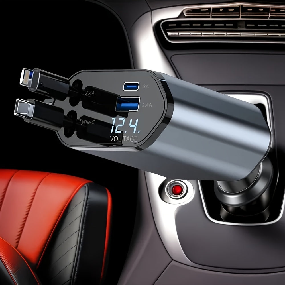4-in-1 Retractable Car Charger – 120W Fast Charging with USB-C, Lightning, & Adjustable Head (36V Max)/Car