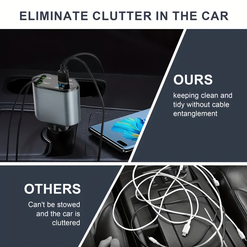 4-in-1 Retractable Car Charger – 120W Fast Charging with USB-C, Lightning, & Adjustable Head (36V Max)/Car