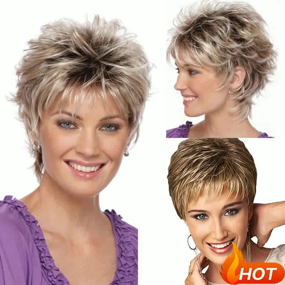 Short Feathered Pixie Wig – Blonde Layered Cut with Bangs, Breathable Cap/Crown & Glory Wigs