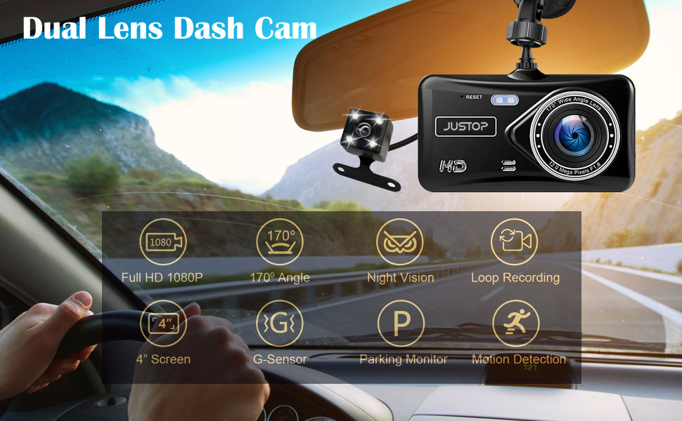 1080P Full HD Touchscreen Dash Cam – Front & Rear Cameras with Night Vision & G-Sensor/Car