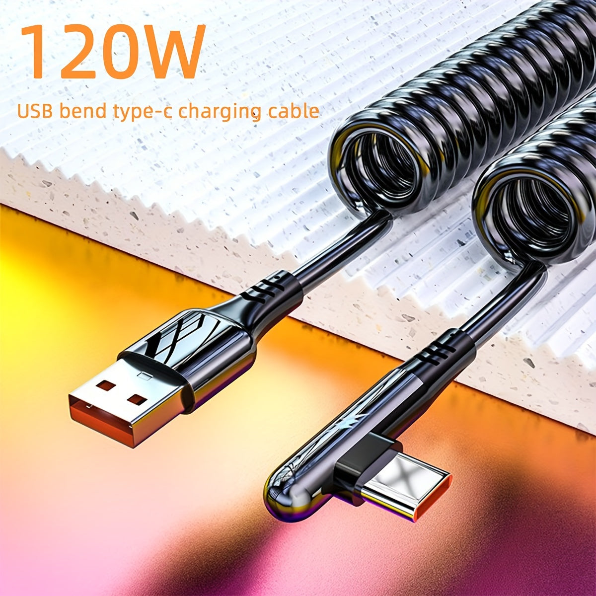 120W Fast Charging Luminous Spring Car Cable – USB to Type-CCar