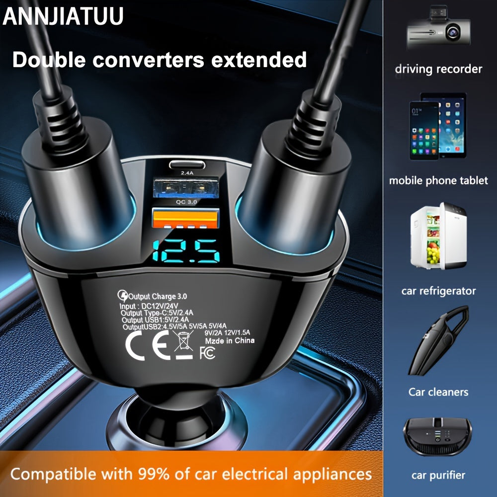 ANNJIATUU Multi-Port Car Power Adapter – QC3.0 Fast Charger with LED Voltage Monitor (12V–24V)/Car