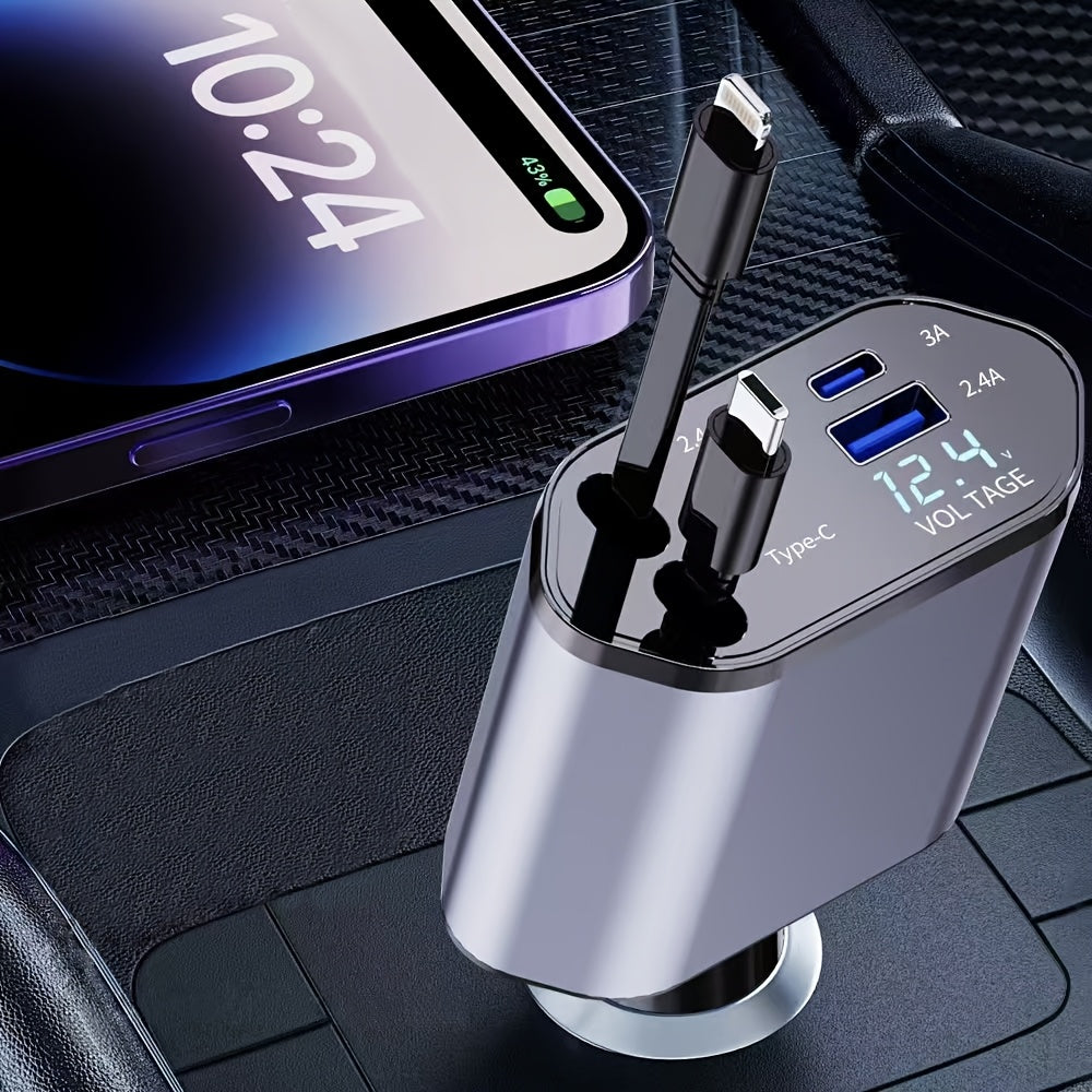 4-in-1 Retractable Car Charger – 120W Fast Charging with USB-C, Lightning, & Adjustable Head (36V Max)/Car