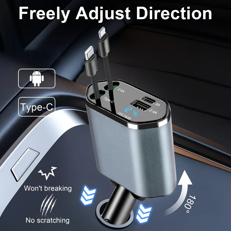 4-in-1 Retractable Car Charger – 120W Fast Charging with USB-C, Lightning, & Adjustable Head (36V Max)/Car