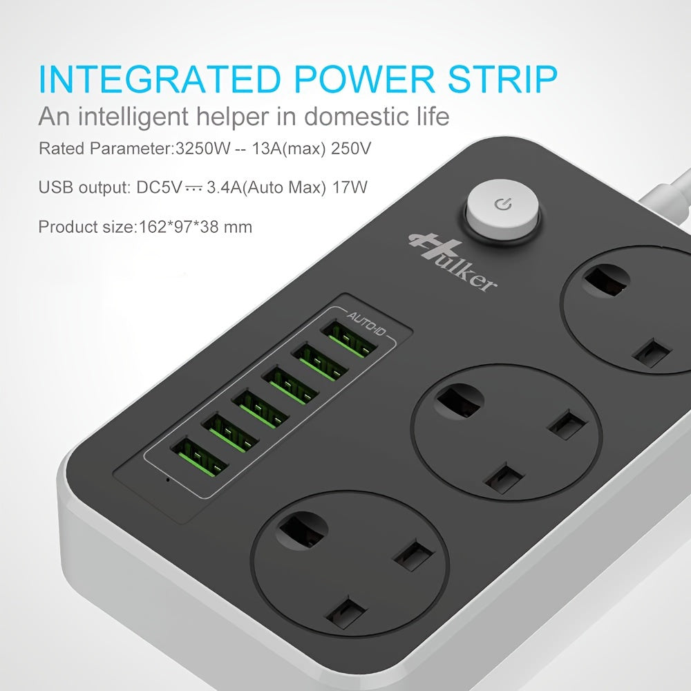 Mobile  2M Durable Hulker Power Strips with 3 Way Outlets, 6 USB Ports, Smart USB Charger, and UK Socket