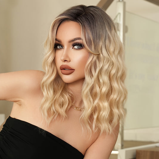 Crown & Glory Wigs   7JHH WIGS Chic Ombre Blonde Shoulder-Length Wig for Women - Deep Wave, High Density 150% Synthetic Hair with Dark Roots to Light Tips, Beginner-Friendly, Heat Resistant, 18-Inch, Perfect for Vacation Style, Short Hair Wig