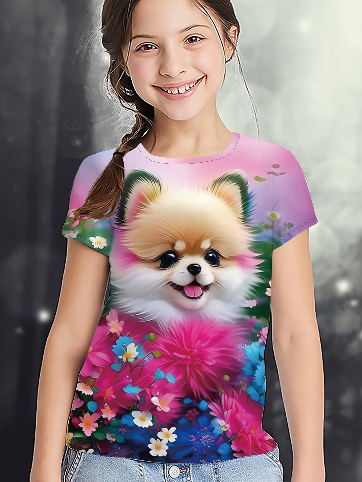 Girl clothing Puppy Print Crew Neck Short Sleeve T-shirt