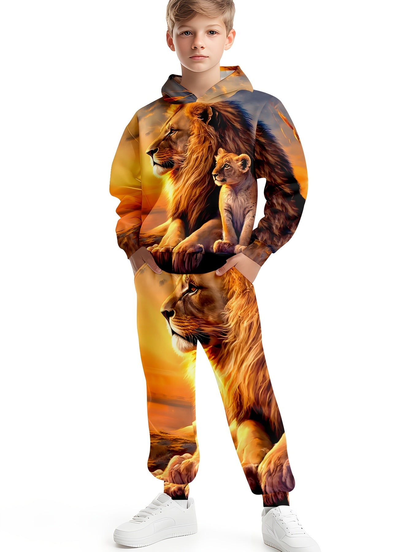 Boy  clothing  1set Boys' 3D Lion Print Hoodie and Sweatpants Set