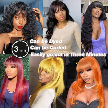 Crown & Glory Wigs   Silky Brazilian Virgin Straight Human Hair Wigs with Bangs 150% Density None Lace Front Wigs Glueless Machine Made Wigs for Women Natural Color