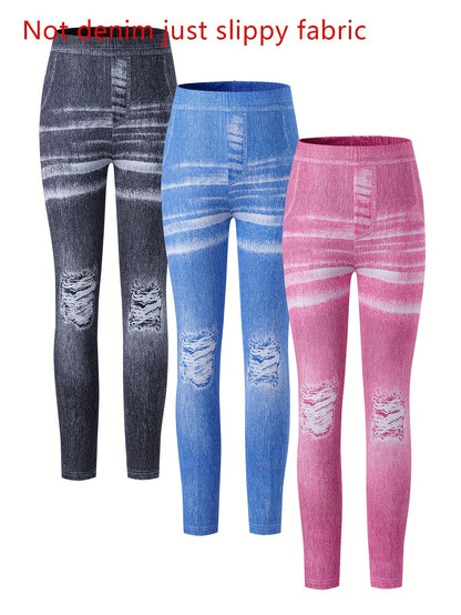 Girl clothing  3pcs Girls' Fashionable Denim-Look Leggings - Stretchy & Comfortable