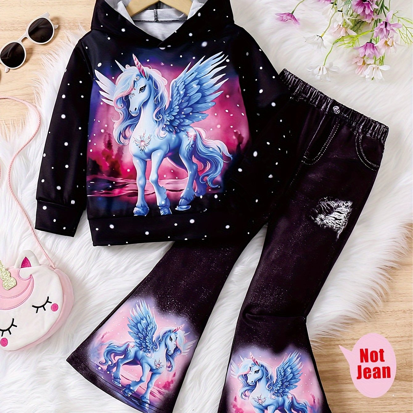 Girl clothing  2pcs Purple Unicorn Print Long Sleeve Hoodie + Trousers Set