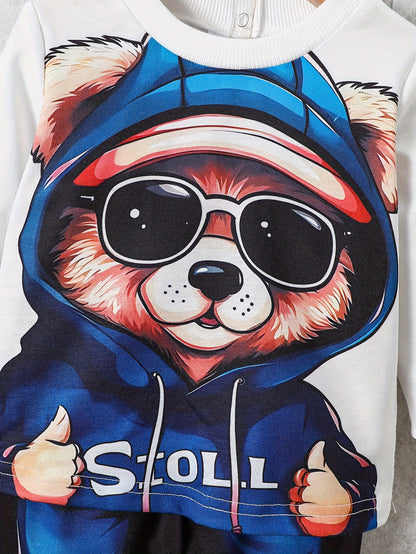 Boy  clothing Cool Hooded Bear Print Newborn Boy's Trendy Long Sleeves Round Neck Sweatshirt + Pants