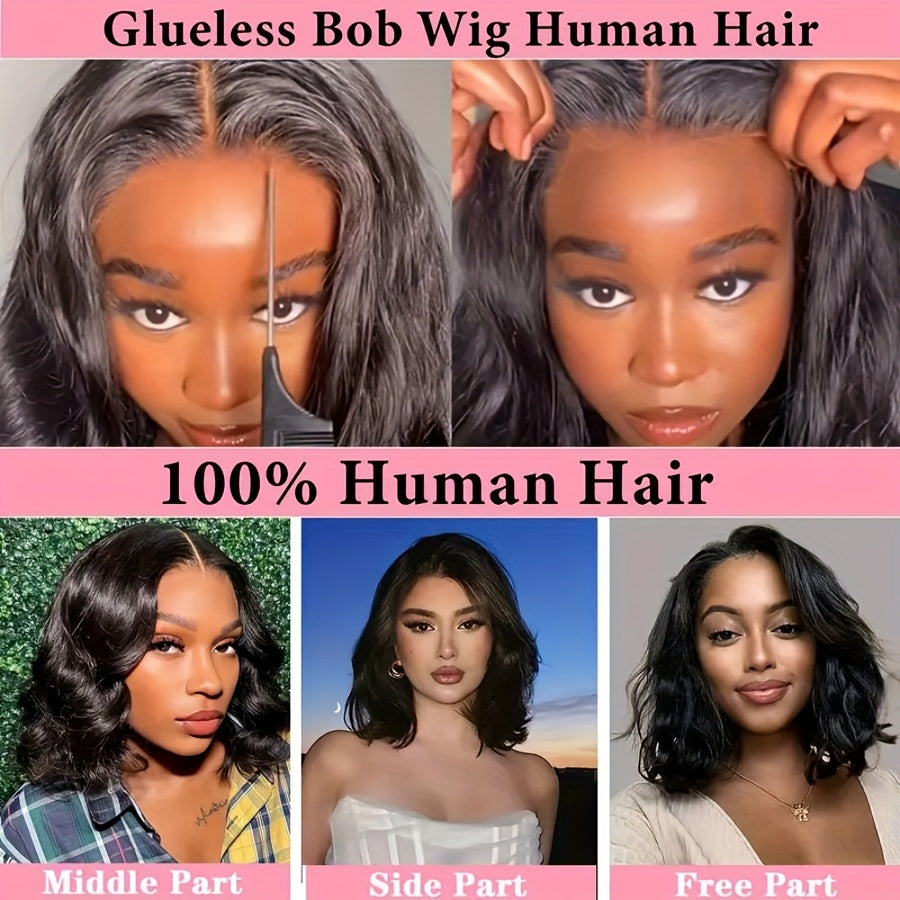 Crown & Glory Wigs   Put On And Go Wigs 4x4 HD Transparent Lace Closure Short Body Bob Wigs Human Hair Pre Plucked Pre Cut For Beginners Body Wave Bob Wig For Women 180% Density