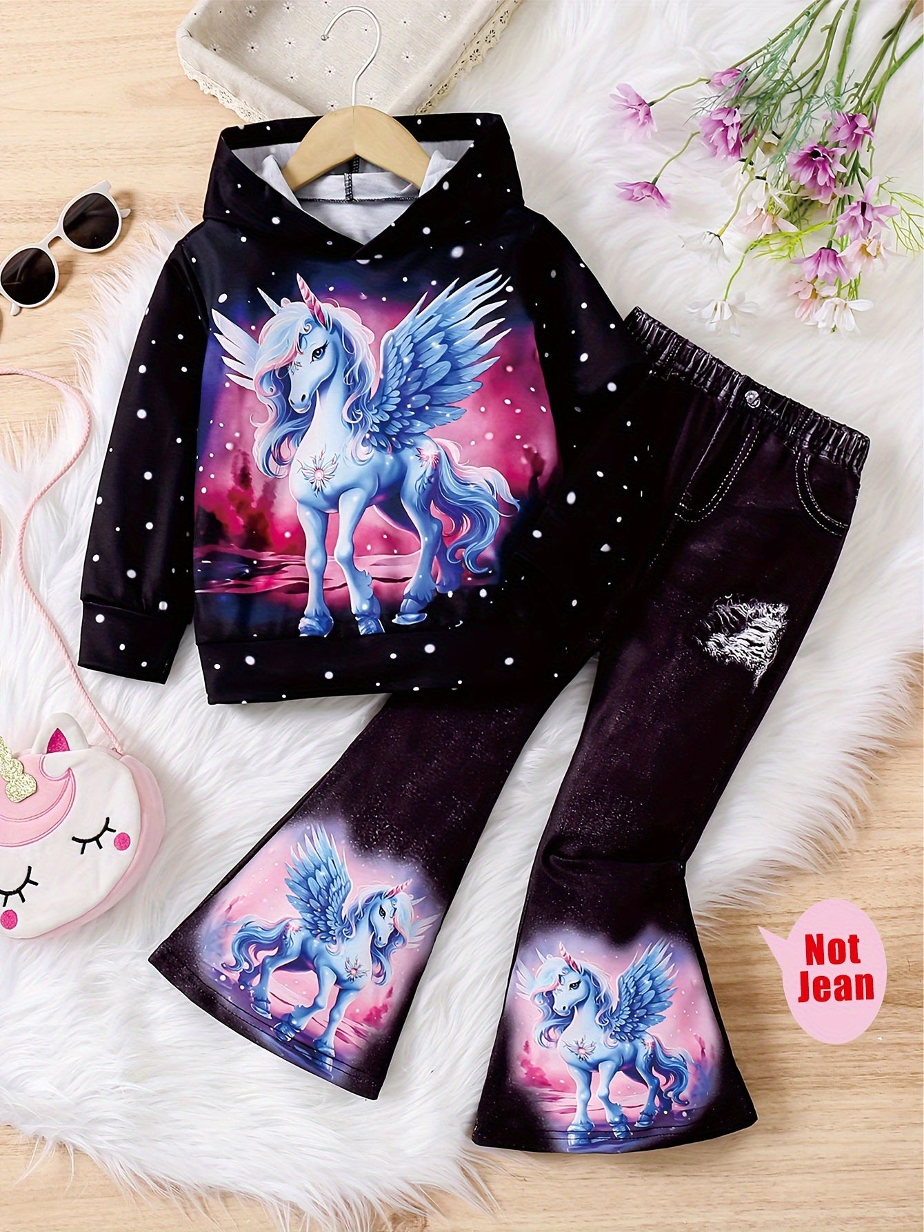 Girl clothing  2pcs Purple Unicorn Print Long Sleeve Hoodie + Trousers Set