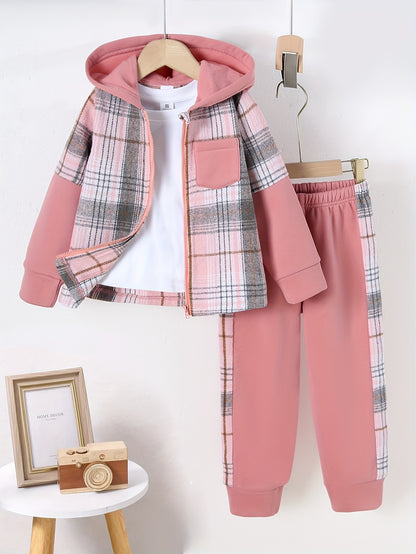 Girl clothing   Checkered Zip-Up Hooded Jacket with Matching Checkered Pants Set