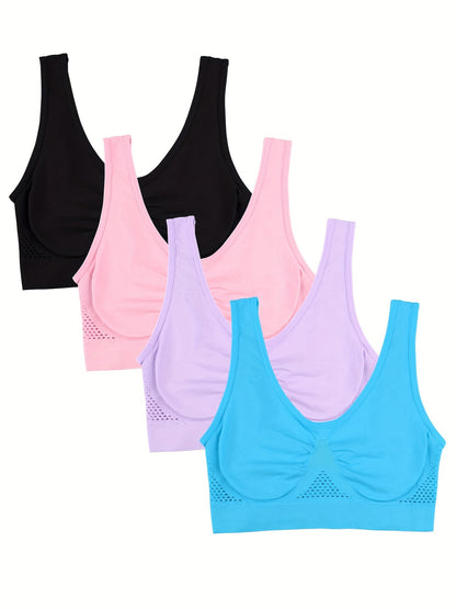 Woman clothing  4pcs Breathable High-Support Women's Sports Bras - No-Wire Design with Hollow-Out Detail for Running & Yoga