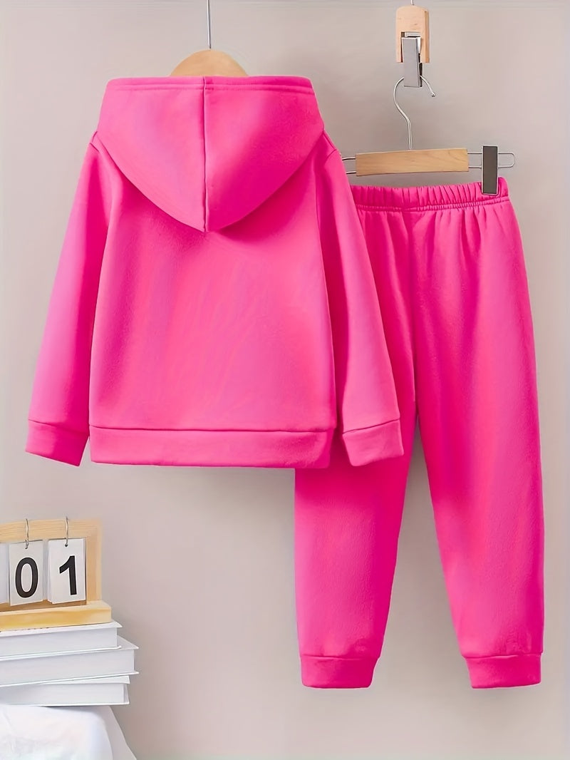 Girl clothing  2pcs Set: Long Sleeve Hoodie with Printed Cap, Sweatshirt with Leopard Print, Elastic Waist Sweatpants,