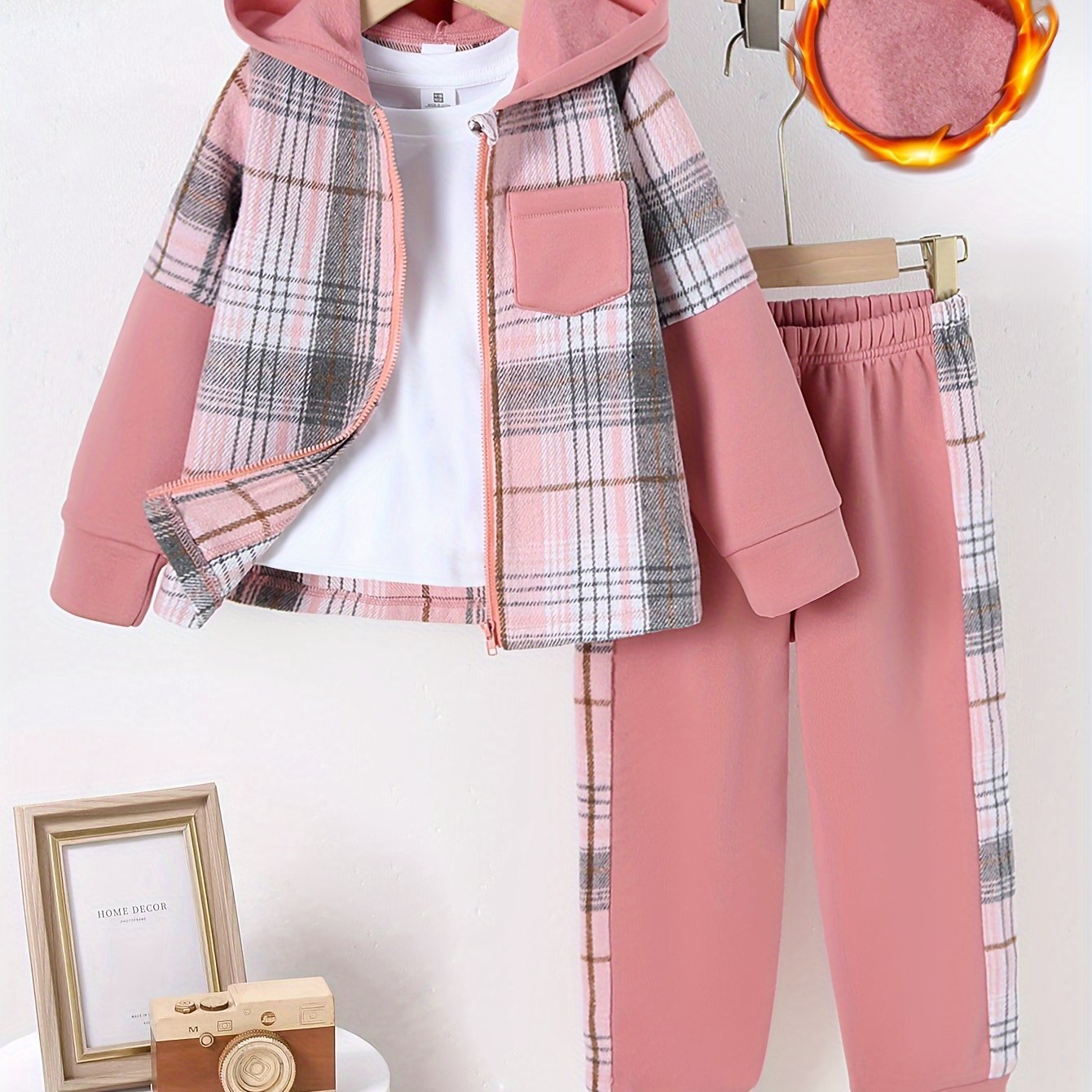 Girl clothing   Checkered Zip-Up Hooded Jacket with Matching Checkered Pants Set