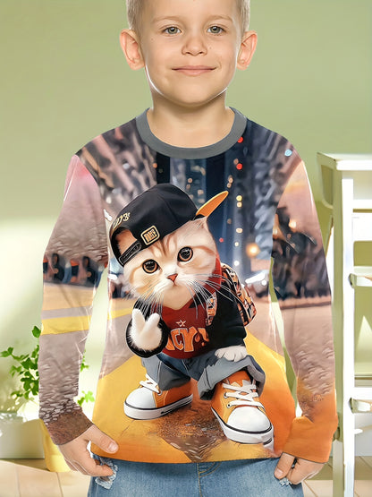 Boy clothing  Hip Hop Cat 3D Print Long Sleeve T-Shirt