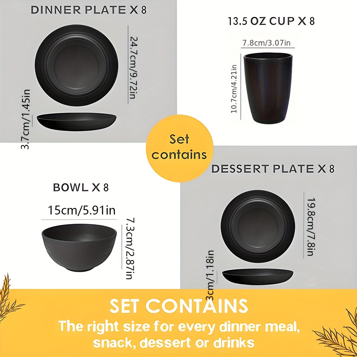 Kitchen   4/16/32pcs, Dinnerware Set, Matte Black Plastic Kitchen Dining Set, Includes 8 Dinner Plates, 8 Dessert Plates, 8 Bowls, 8 Cups Reusable, BPA-Free, For Home And Restaurant Use