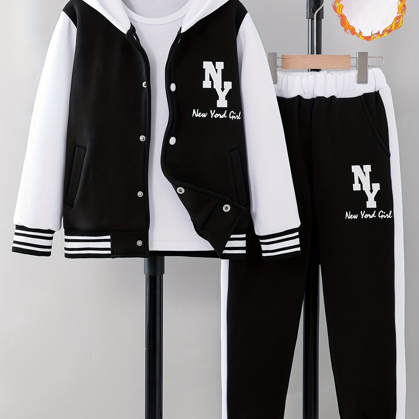 Girl clothing  'NY' Letter Print  Block Hooded Varsity Jacket + Sweatpants Set