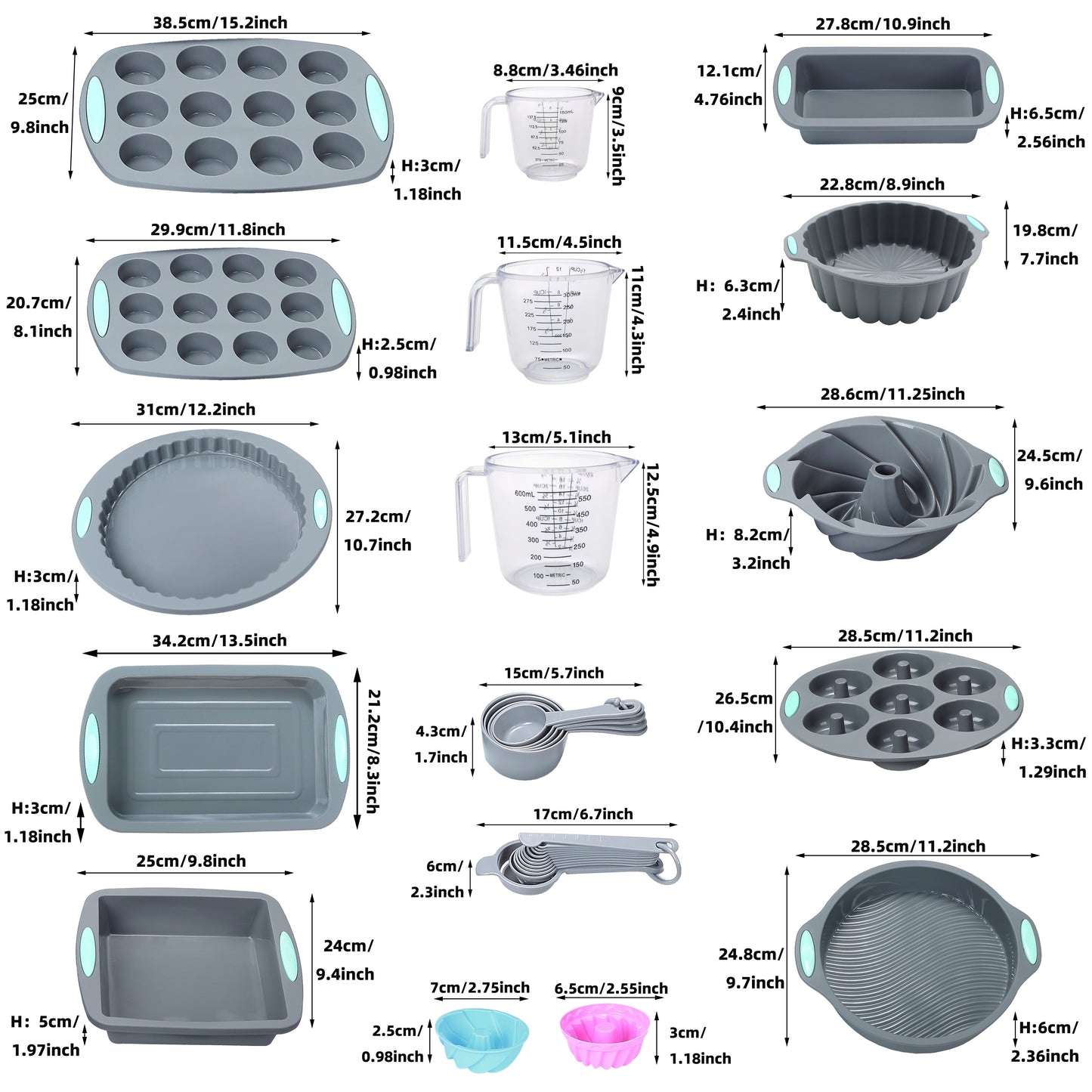 Kitchen   45pcs Silicone Baking Set, Non stick Bakeware Set Baking Cookie Sheets Cake Muffin Bread Pan, Loaf Pan, Cake Pan, Pizza Pan, Mini Cupcake mold, Bundt pan, Charlotte Cake Pan, Measuring Cup and Spoon