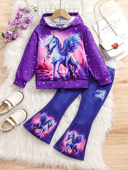 Girl clothing  2pcs Purple Unicorn Print Long Sleeve Hoodie + Trousers Set