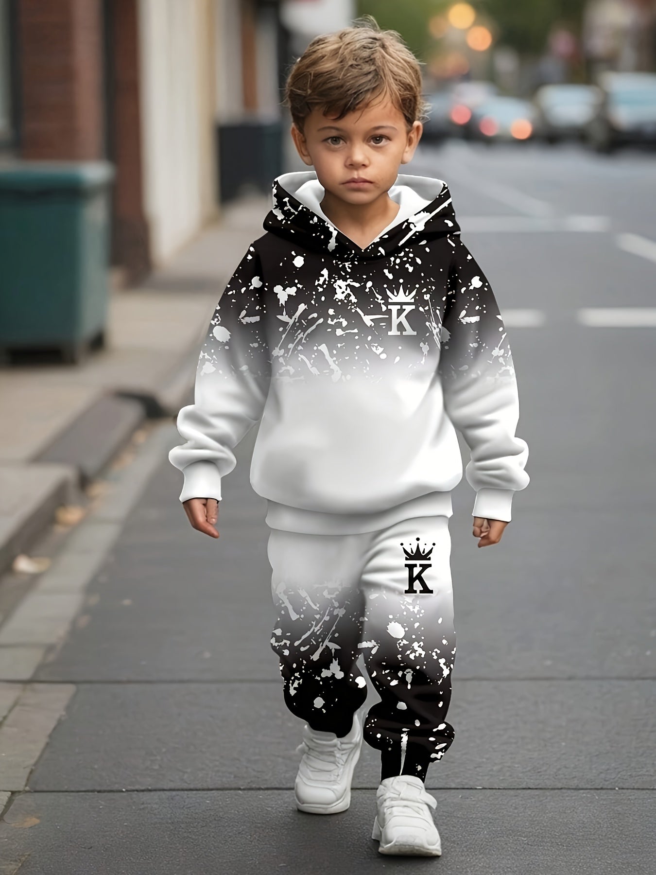 Boy  clothing   2pcs Set, Casual Crown Letter Printed Hoodie and Pants Outfit