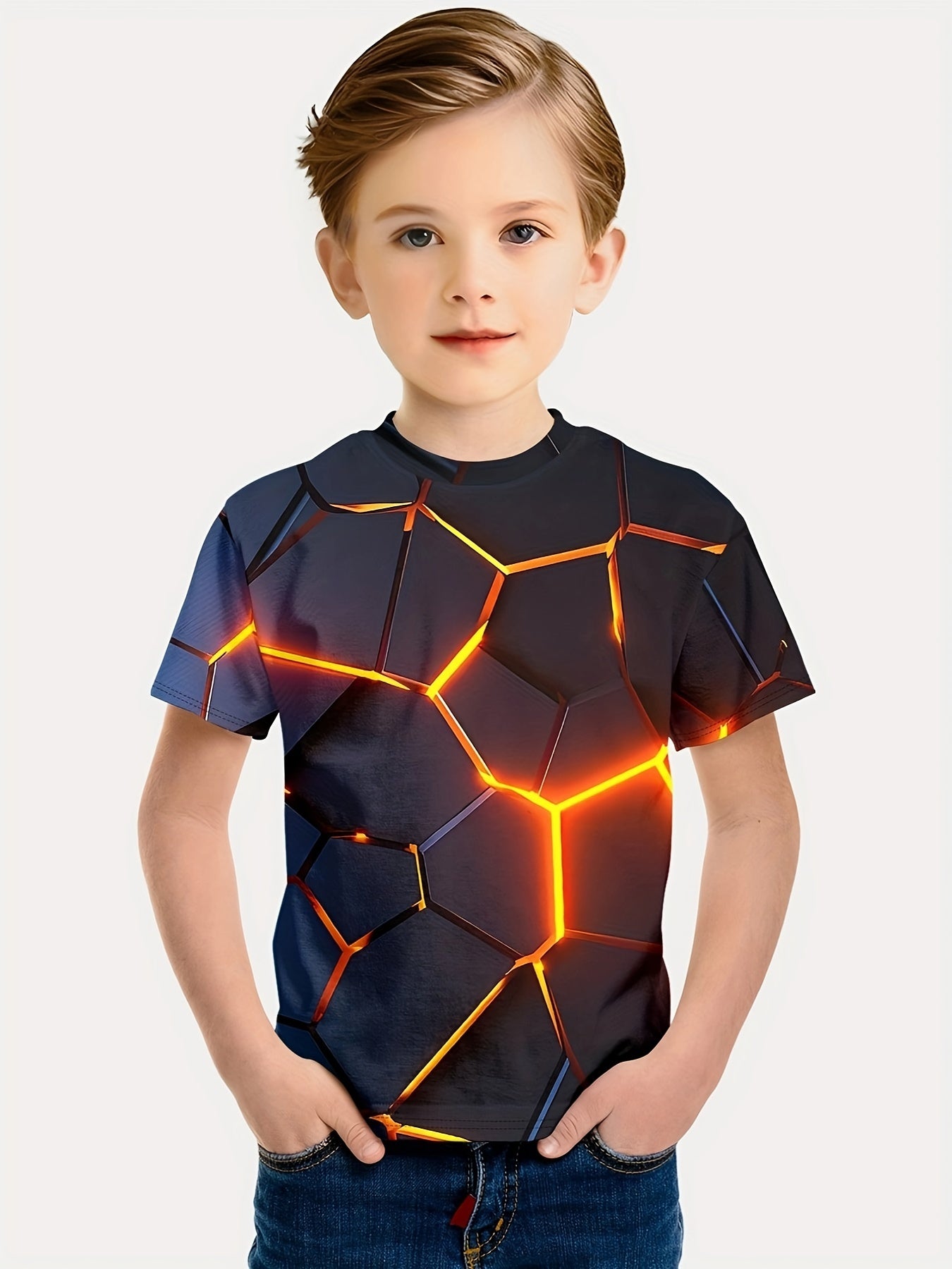 Boy clothing Flaming Football Round Neck Short Sleeve T-Shirt