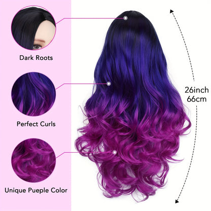 Crown & Glory Wigs  Elegant Ombre Purple Wig for Women - Long, Heat-Resistant Synthetic Hair with Dark Roots, Natural Look Body Wave Style (Black to Blue to Purple), 3 Tone, Colored Wigs, 1B, Elegant Style