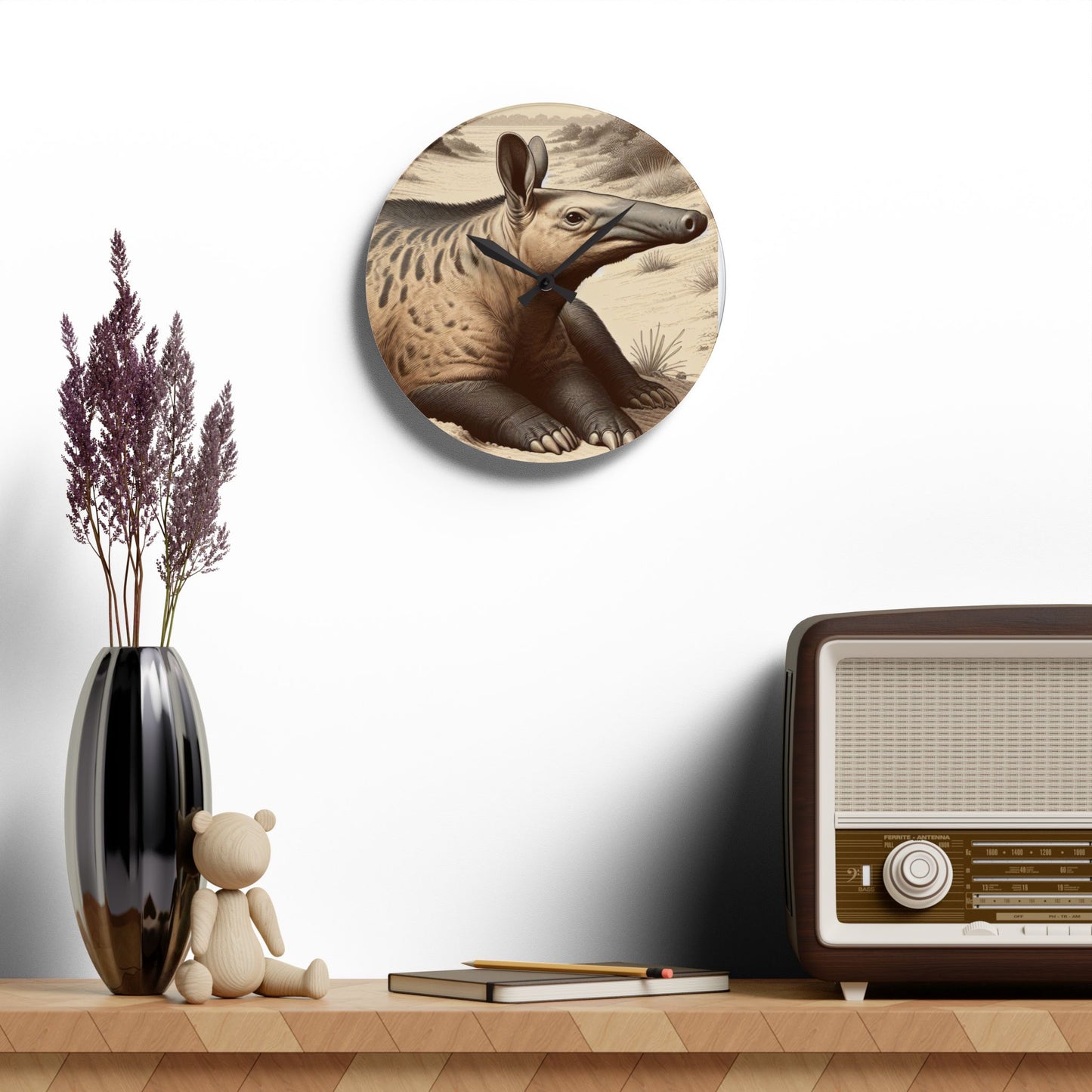 Nature-Inspired Decor & Wearables  Aardvark Acrylic Wall Clock – Quirky Animal Art Spaces